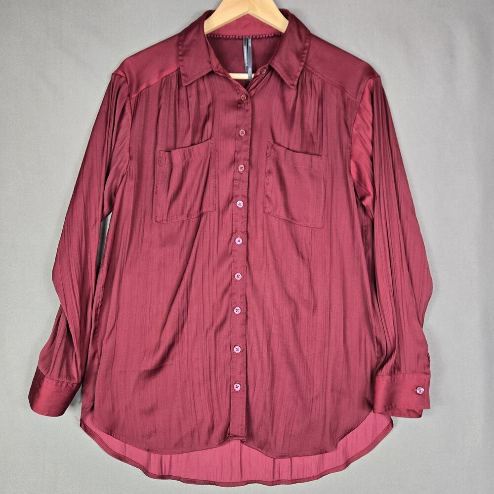 by Anthropologie Long Sleeve Button Up Blouse Wine Burgundy Silky Top Size XS
